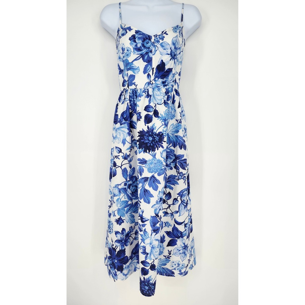 Bright Blue Floral Linen Blend Midi Dress‎ Womens Medium Cottage Garden Party
